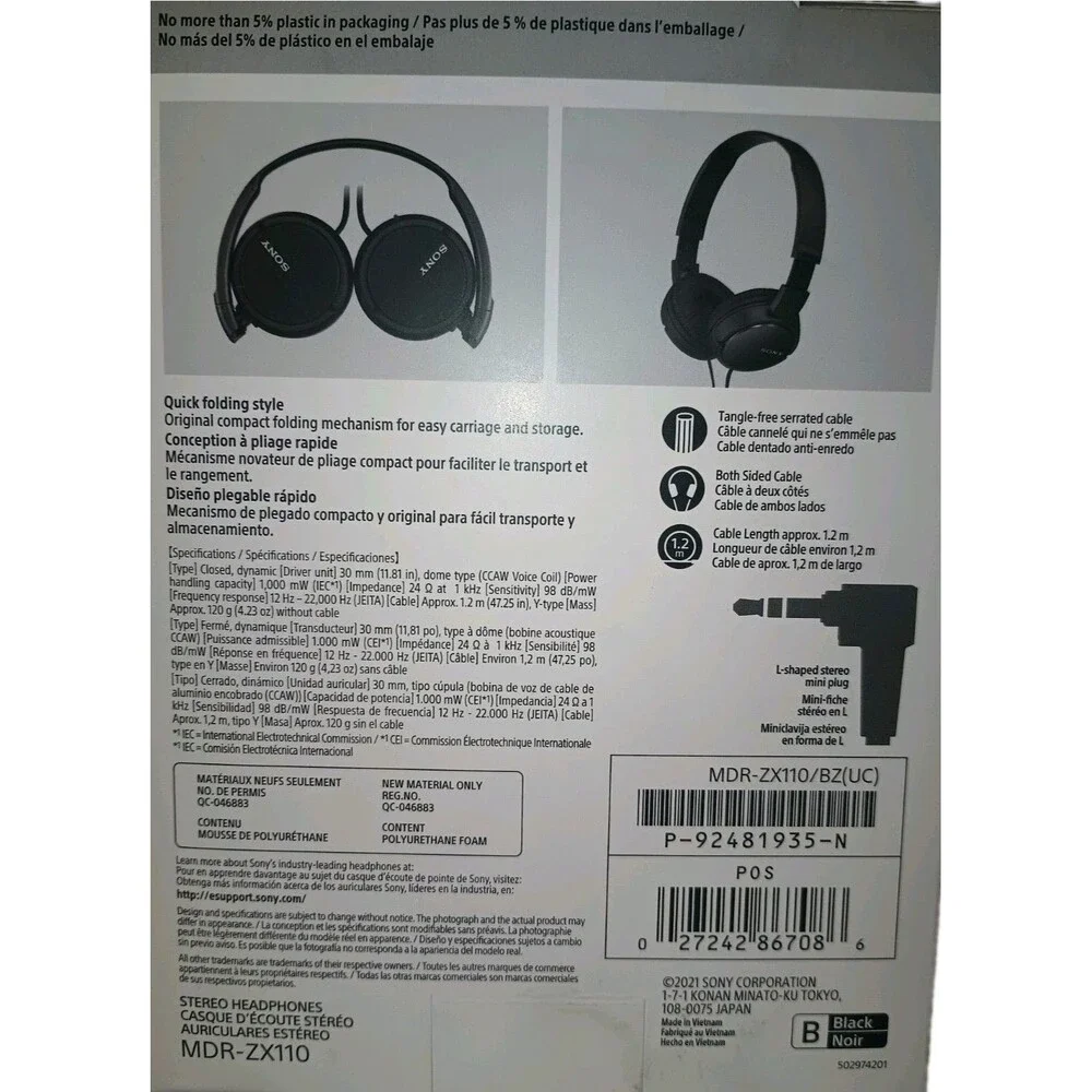 Sony MDR-ZX110 Black Wired 3.5mm Headphones 30mm Drivers. NEW In Box (P0062B6)